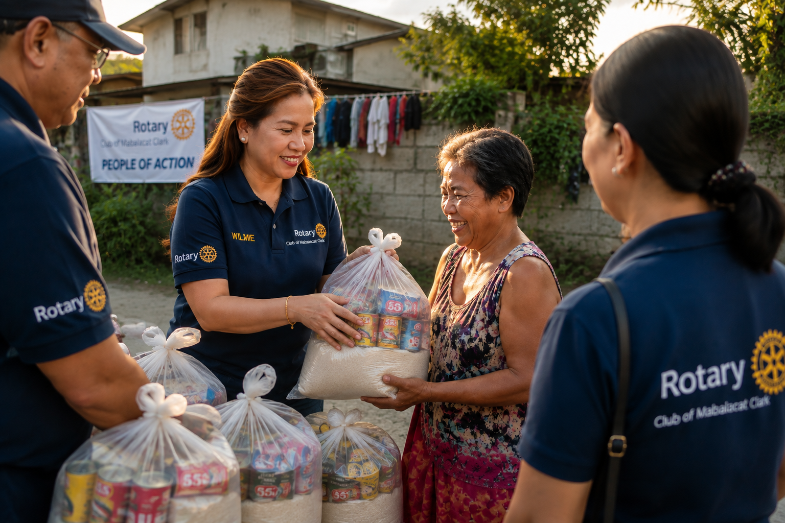 Rotary Club of Mabalacat Clark members handing relief packs to community members at golden hour